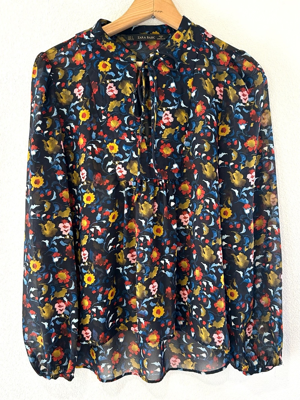 ZARA Chiffon Floral Boho Pullover Tie Front Top Sheer Office Casual Size S